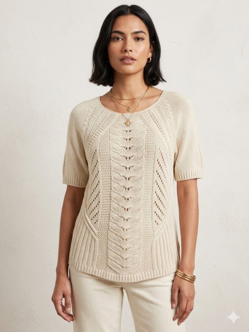 GAP Beige Mixed Cable Knit Short Sleeve Sweater Top Size S